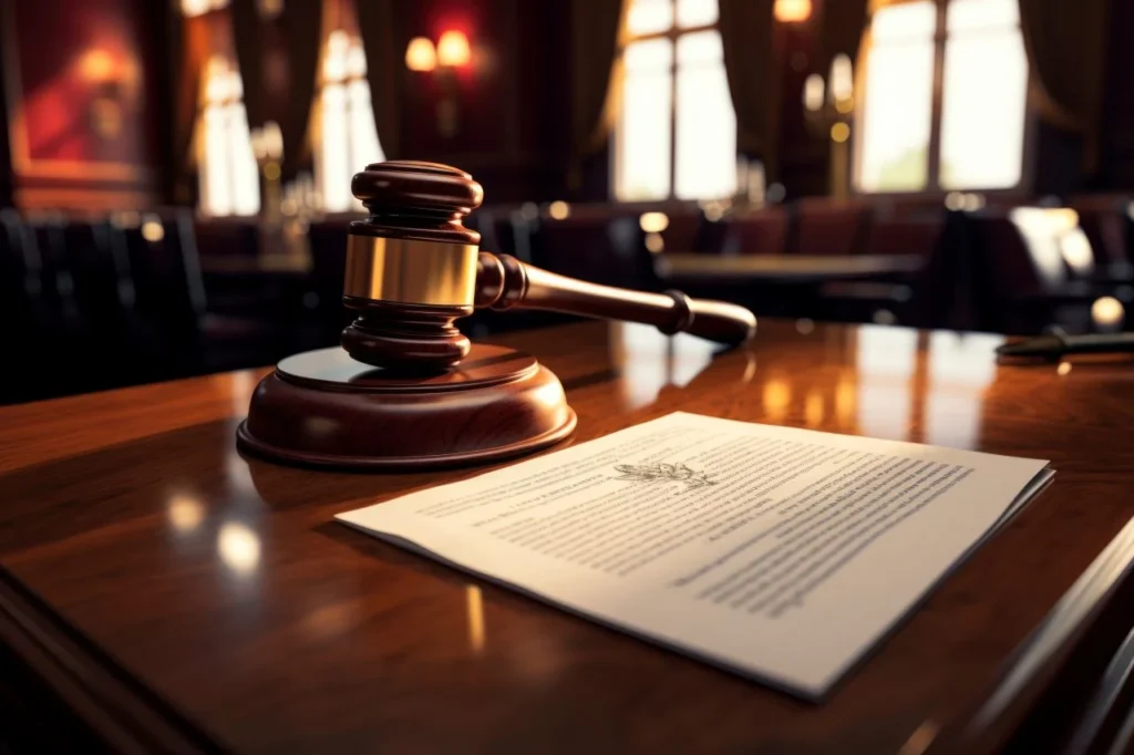 Gavel resting on legal documents in a dimly lit courtroom setting.